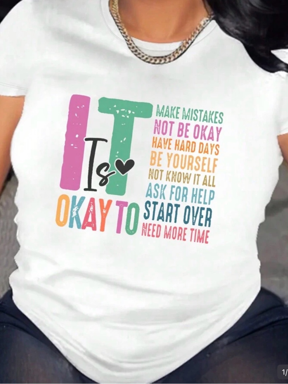 SHEIN White Short-Sleeve Graphic Tee with Multicolor Positive Message